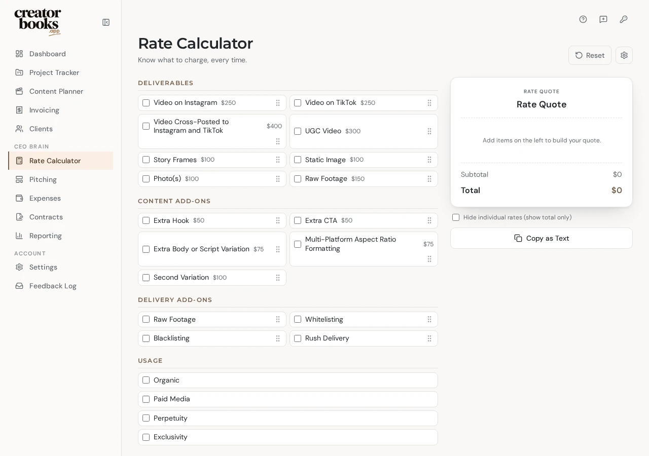 Creator Books Rate Calculator with deliverables and a live quote