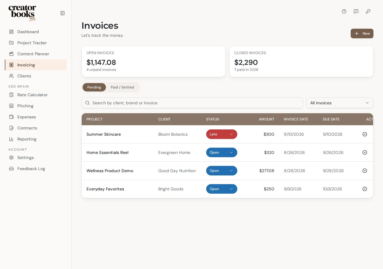 Creator Books Invoices page showing open and paid creator invoices