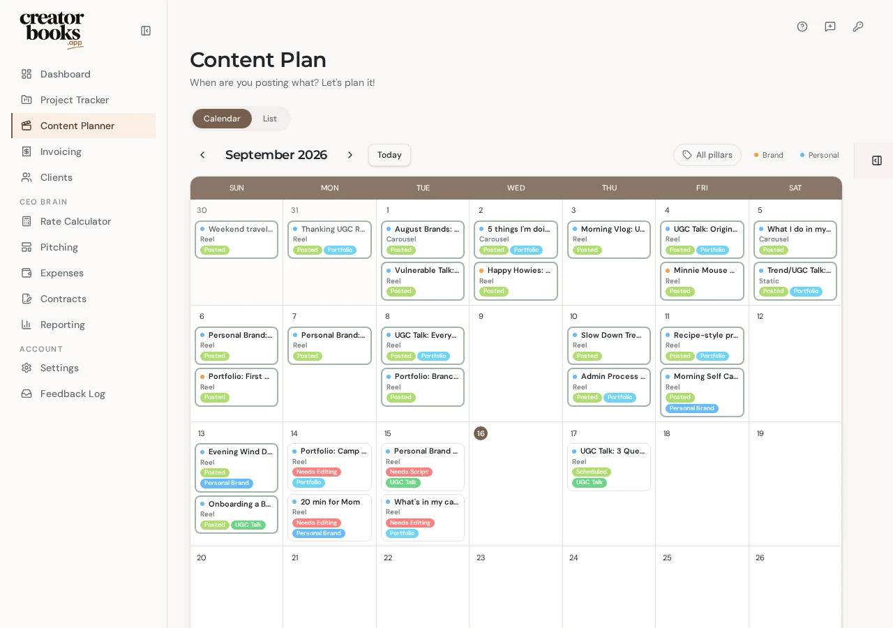 Creator Books Content Planner calendar showing scheduled creator content